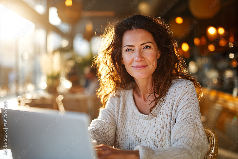 Obraz premium Smiling middle - aged woman working as a remote writer in a sunlit cafe, cream knit sweater, backlit curly hair, laptop on wicker table with warm bokeh lights