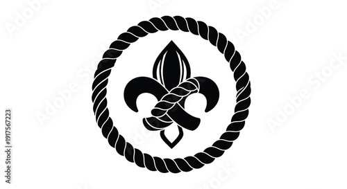 Fleur-de-lis symbol with rope circle and twisted knot design in black featuring heraldry, emblem, logo with icon and graphic elements for ornament, decoration projects, clean composition on simple