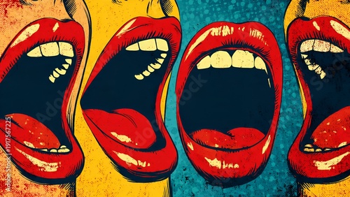 Vibrant Pop Art style depiction of four open mouths with bright red lips, showcasing teeth, against