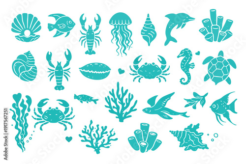 A vibrant collection of turquoise marine life illustrations, including shells, fish, lobsters, jellyfish, crabs, seahorses, turtles, dolphins, and coral reefs.