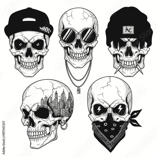 Cool Skull Illustrations: Hip Hop, Urban, Gangsta, Cityscape, and Bandana Styles