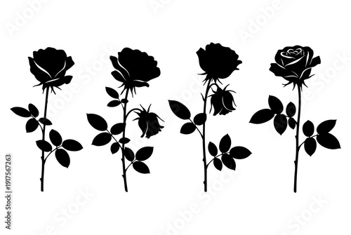 Set of four black rose flower silhouettes on stems with leaves
