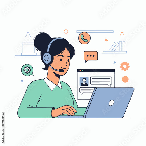 Customer service agent with headset and laptop, online communication and support concept