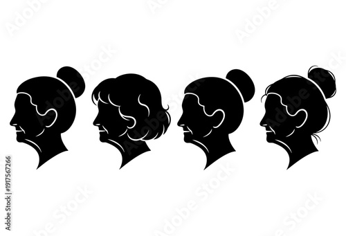 Set of elderly women face profiles silhouettes with different hairstyles