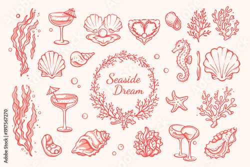A charming collection of hand-drawn seaside-themed illustrations, featuring cocktails, shells, seahorses, and coral.