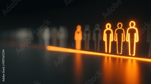 A single figure stands out among many others, illuminated by a warm light, representing individuality and potential