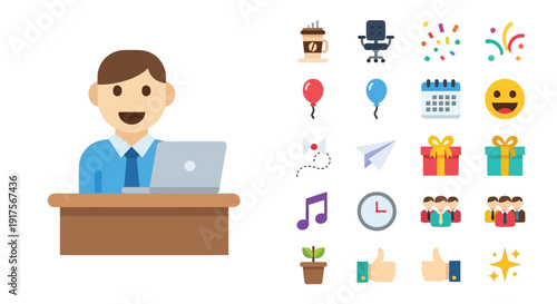 A cheerful office worker sits at a desk with a laptop, surrounded by various icons representing work, celebration, and office life.