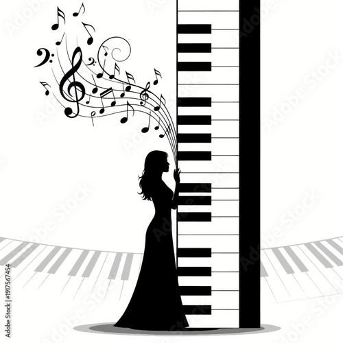 Elegant Woman Silhouette Plays Piano, Music Notes Flowing Out
