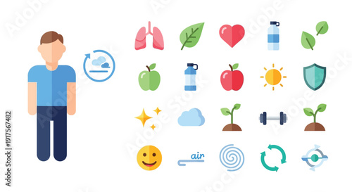 Illustration of a person surrounded by icons representing health, wellness, and healthy lifestyle choices.