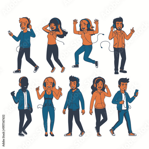 Happy People Dancing and Listening to Music with Headphones