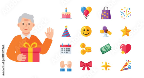 Elderly man holding a gift box and waving, surrounded by various celebration icons like cake, balloons, and confetti.