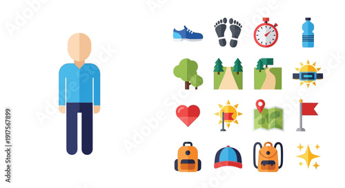 A collection of flat design icons representing outdoor activities, fitness, and travel, including a person, shoes, footprints, a stopwatch, a water bottle, trees, paths, a map, a backpack, and a sun.