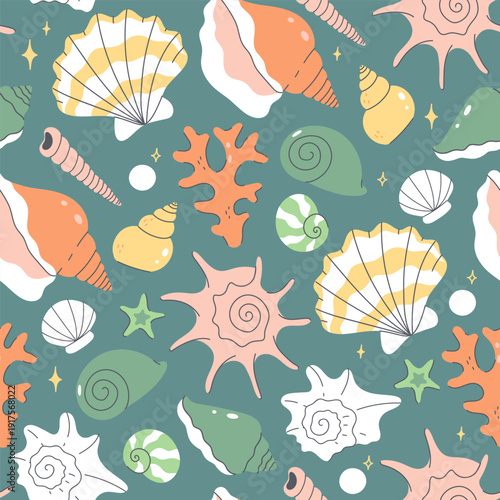 Seamless pattern with seashells, starfish, and pearls. Vector graphics.