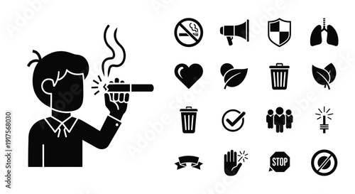 Silhouette of a person smoking a cigarette, surrounded by various icons related to health, environment, and social issues.