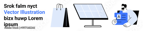 Sustainability, renewable energy, ecommerce, documentation, consumer behavior, clean technology. Shopping bag, solar panel and man with document. Renewable energy and ecommerce concept