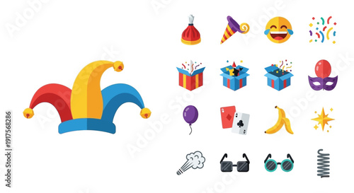 A collection of colorful cartoon-style icons representing party elements and jester accessories, including a jester hat, confetti, balloons, gifts, and novelty items.