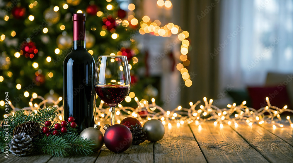Red wine bottle and glass on wooden table in festive cozy Christmas ...