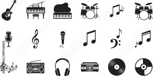 Collection of black music and audio icons including headphones, microphone, speaker, guitar, and piano in a minimalist glyph style for user interface