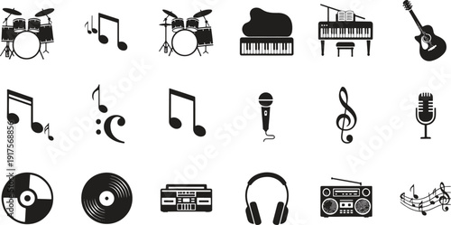 Collection of black music and audio icons including headphones, microphone, speaker, guitar, and piano in a minimalist glyph style for user interface