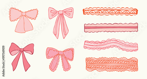 Hand drawn vintage whimsical bow, red lace set. Coquette pink bowknot in doodle style for romantic Valentine cards, wedding invitations, birthday decorations, gift wrapping designs. Isolated vector il