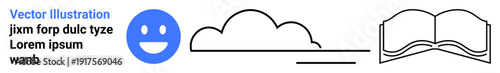Education, technology, positivity, simplicity, minimalism, and communication. Blue happy face, cloud outline open book with text. Education and technology graphics with clean design