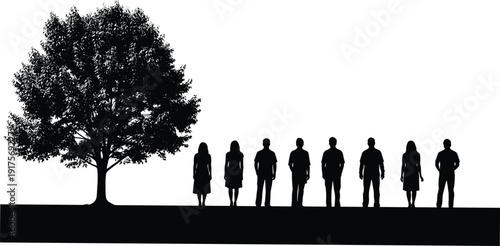 Black silhouette of a row of people standing next to a large tree, community gathering, environmental conservation, and social concept