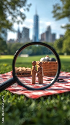 Ultra-HD outdoor scene with magnifying glass focusing on intertwined wooden family figures on picnic blanket, blurred skyline beyond, fresh daylight, lifestyle balance concept.