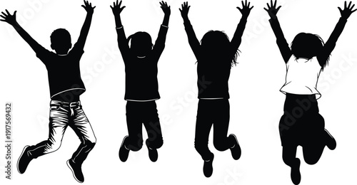 Silhouette of happy children jumping and cheering in excitement isolated on white background for youth celebration and playful childhood concept
