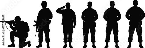 Set of military soldier silhouettes in various tactical poses isolated on white, army personnel saluting and aiming rifle for veterans day