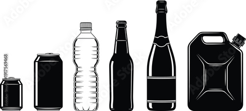 Collection of various beverage containers and plastic canisters icons isolated on white background for liquid packaging and industrial recycling concept