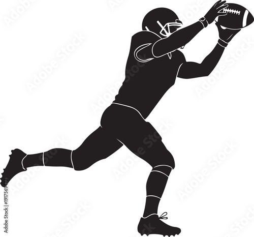 Silhouette of an American football player making a dynamic catch, mid-air with the ball secured, showcasing athleticism and precision. , Generative Ai