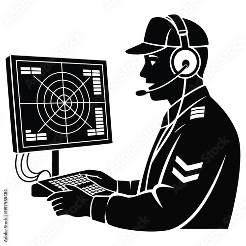 Air traffic controller silhouette working on radar screen wearing headset and uniform cap operating monitoring equipment in airport tower terminal vector illustration for design