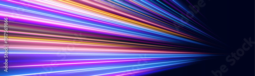 Neon arcs twist rapidly with flowing energy. Tiny sparkling particles enhance dynamic motion. Ideal futuristic vector.