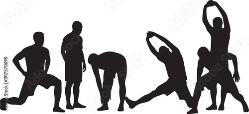 Silhouettes of men stretching and exercising, representing fitness and a healthy lifestyle , Generative Ai