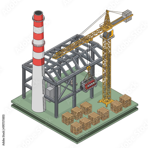 Industrial factory with crane and chimney 3D illustration.