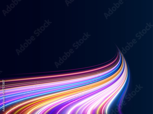 Curved speed lines twist and overlap in bright neon tones. Colored spark trails enhance motion effect. Ideal for futuristic digital design.