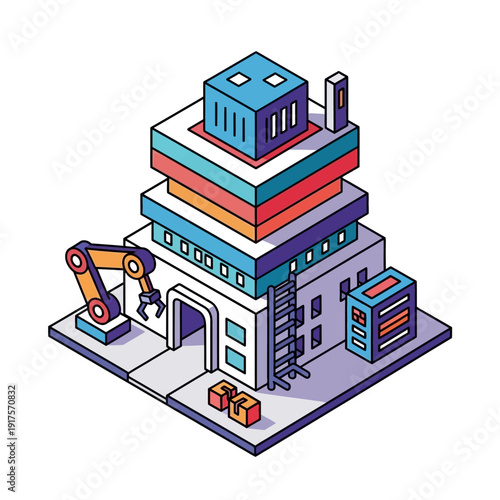 Isometric illustration of a modern industrial factory building with robotic machinery.