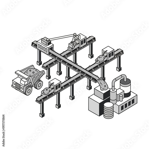 Industrial conveyor belt system with machinery and truck.