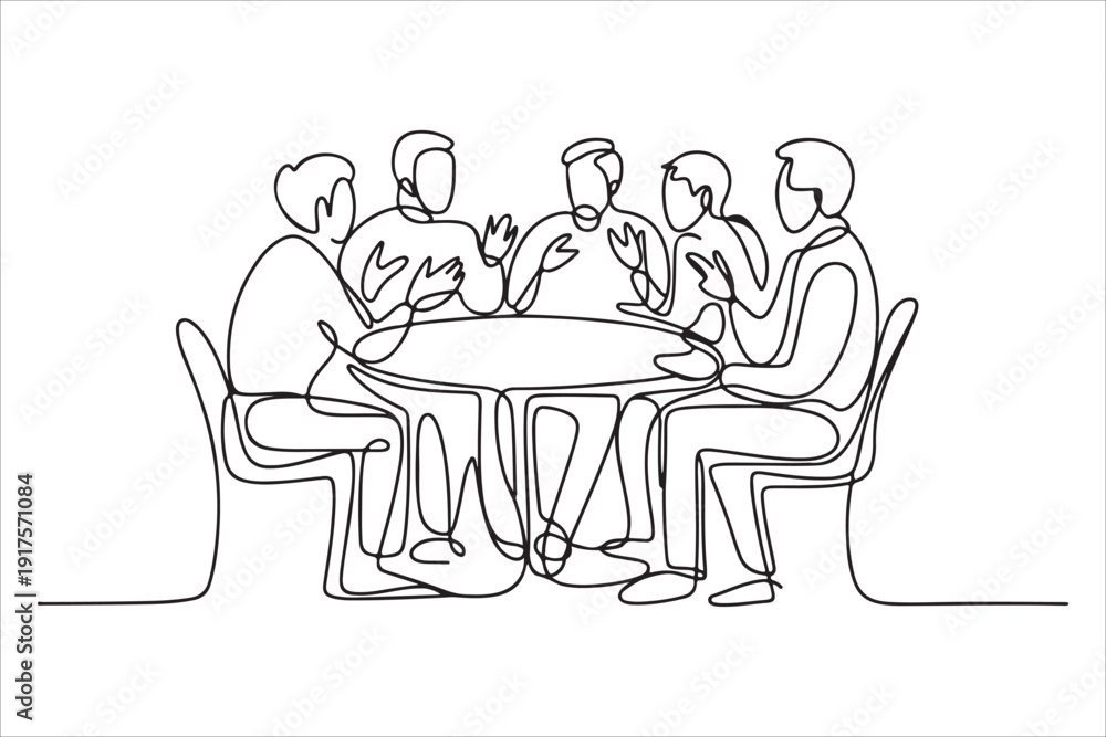 Fototapeta premium Business team meeting continuous line drawing vector, One continuous line business team meeting people sitting at desks working illustration vector