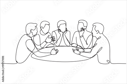 Business team meeting continuous line drawing vector, One continuous line business team meeting people sitting at desks working illustration vector