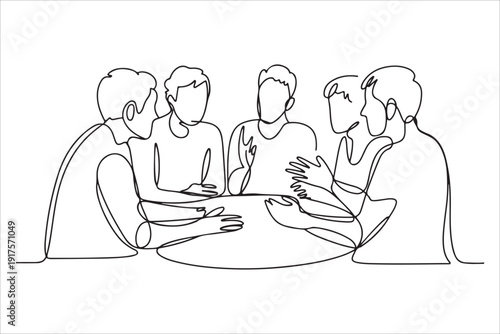 Business team meeting continuous line drawing vector, One continuous line business team meeting people sitting at desks working illustration vector