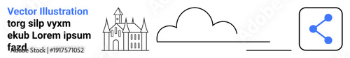 Technology, data sharing, connectivity, cloud storage, communication, historical design. A castle, cloud and share icon are displayed. Data sharing and connectivity central in design concept