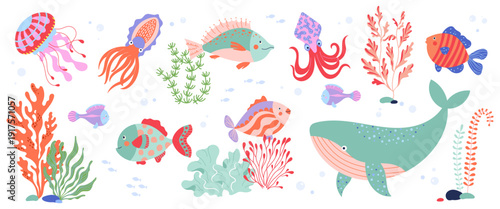 Cute hand drawn marine vector elements set including whale, jellyfish, squid, colorful fish, seaweed. Bright playful palette and friendly characters for nursery decor, kids textile print, ocean design