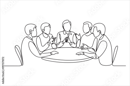 Business team meeting continuous line drawing vector, One continuous line business team meeting people sitting at desks working illustration vector