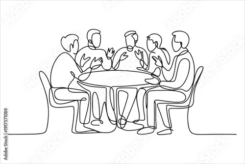 Business team meeting continuous line drawing vector, One continuous line business team meeting people sitting at desks working illustration vector