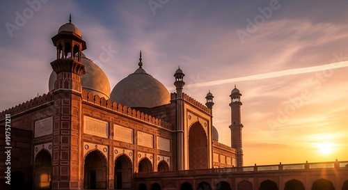 mosque architecture background with sunrise light