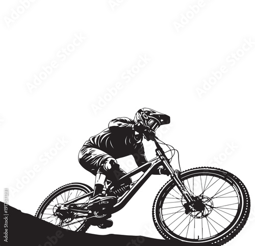 Dynamic silhouette of a downhill mountain biker riding on a steep incline, action shot