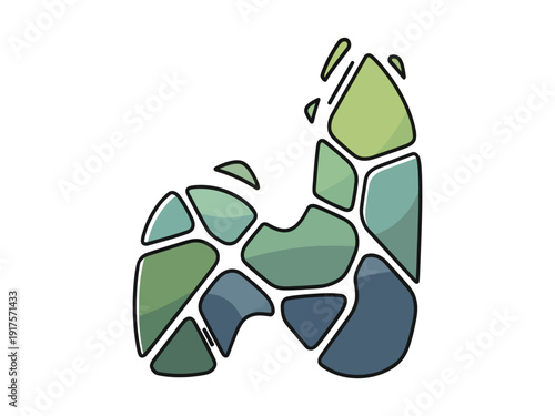 Abstract mosaic or tile art in shades of green and blue, resembling a landscape