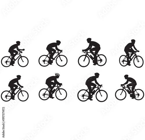 Collection of eight diverse cyclist silhouettes in motion, representing different styles of cycling and active lifestyles, vector set.