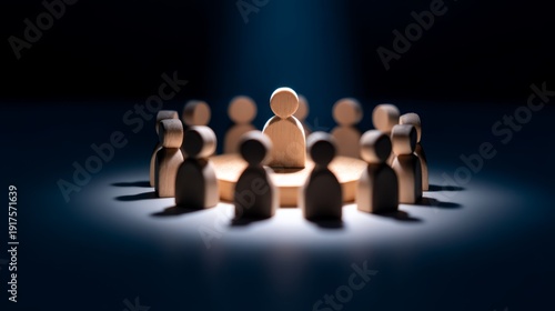 Wallpaper Mural A Wooden Peg Doll Figure of a CEO Under a Soft Spotlight Surrounded by Other Figures Creating a Dramatic Business Scene Torontodigital.ca